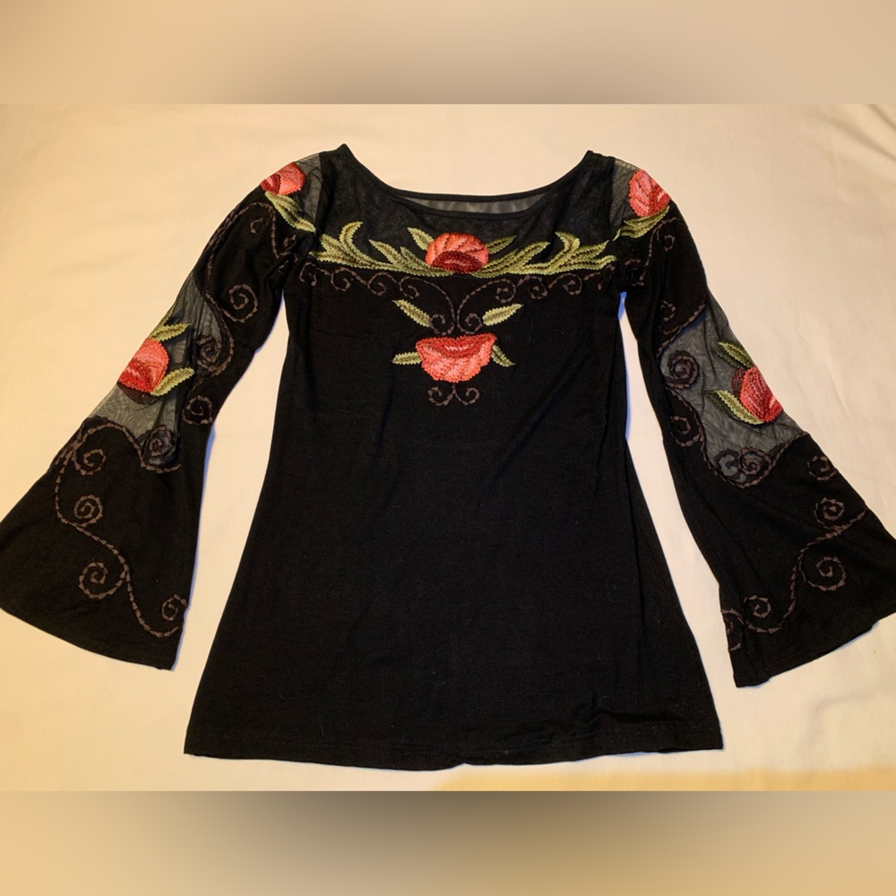 Vintage Collection Size XS Embroidered Black Bell Sleeve Top
